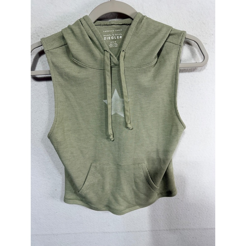 American Eagle Sleeveless Waffle Knit Star Hoodie Women M Green Athleisure Gym